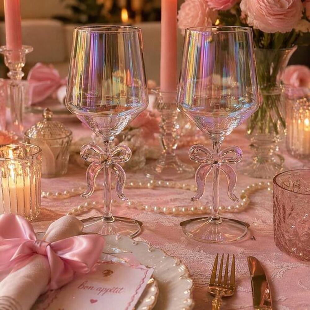 Viral Cupcakes & Cashmere Iridescent Bow Wine Glass Set Pink Coquette